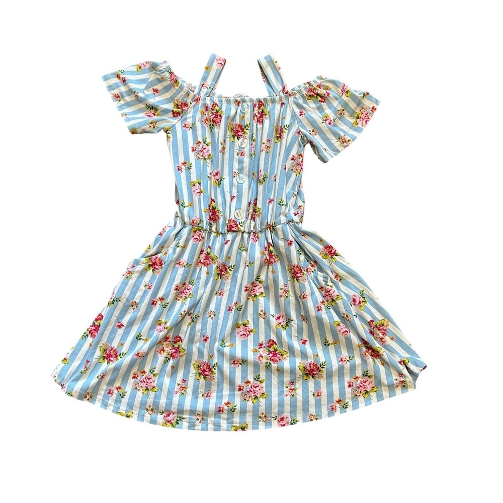 Love Maddie Girls Size 5 Blue Stripe Floral Cold Shoulder Dress Casual Cute